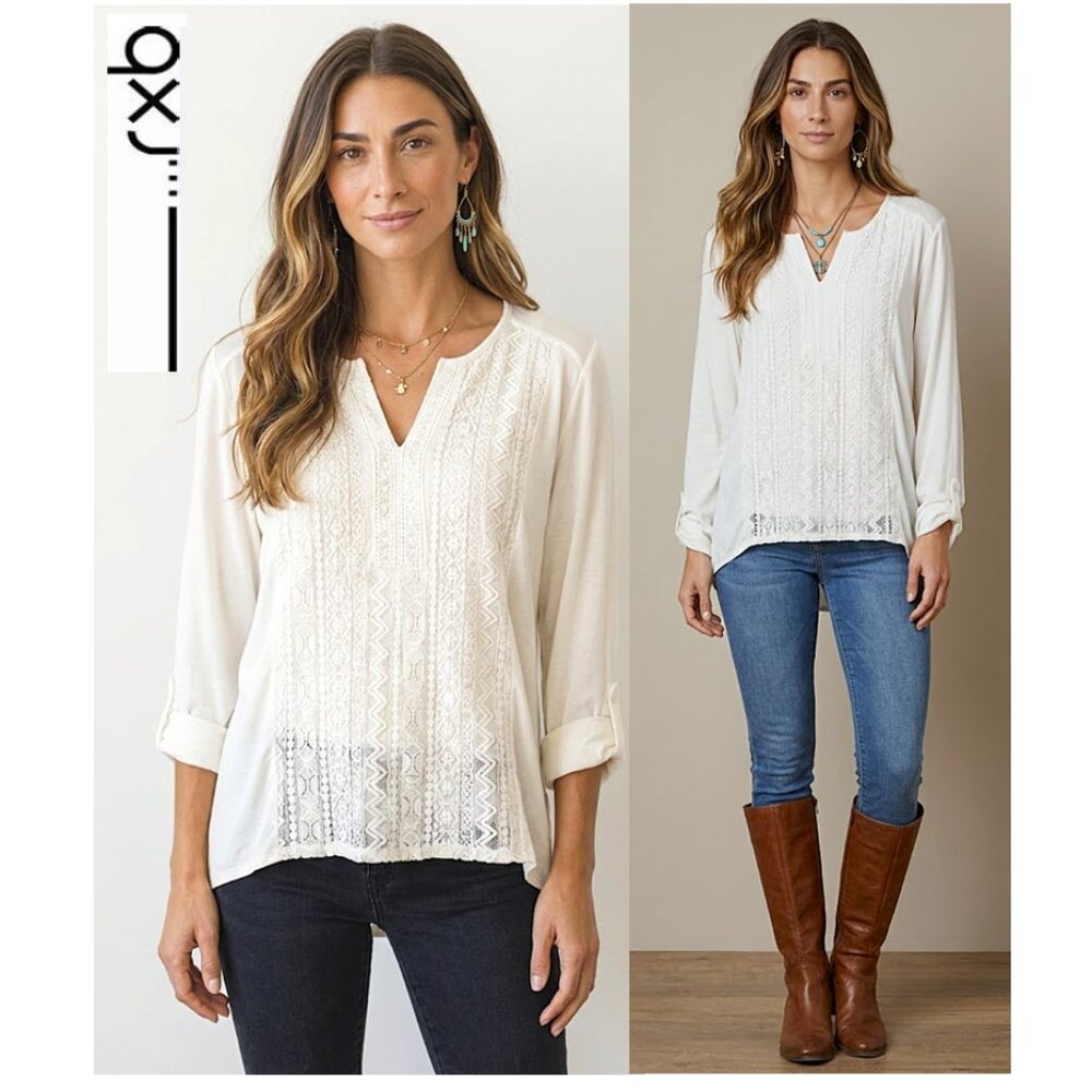 RXB - Boho long sleeve ivory embroidered blouse